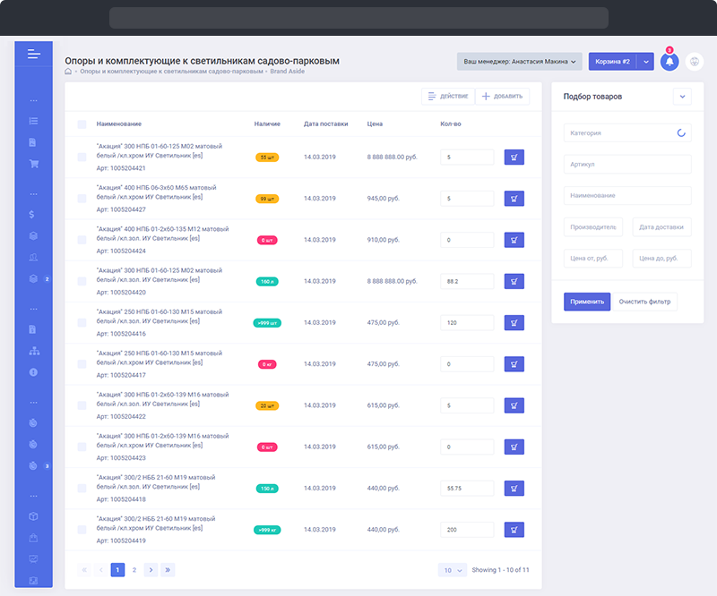 Список товаров в B2B портале